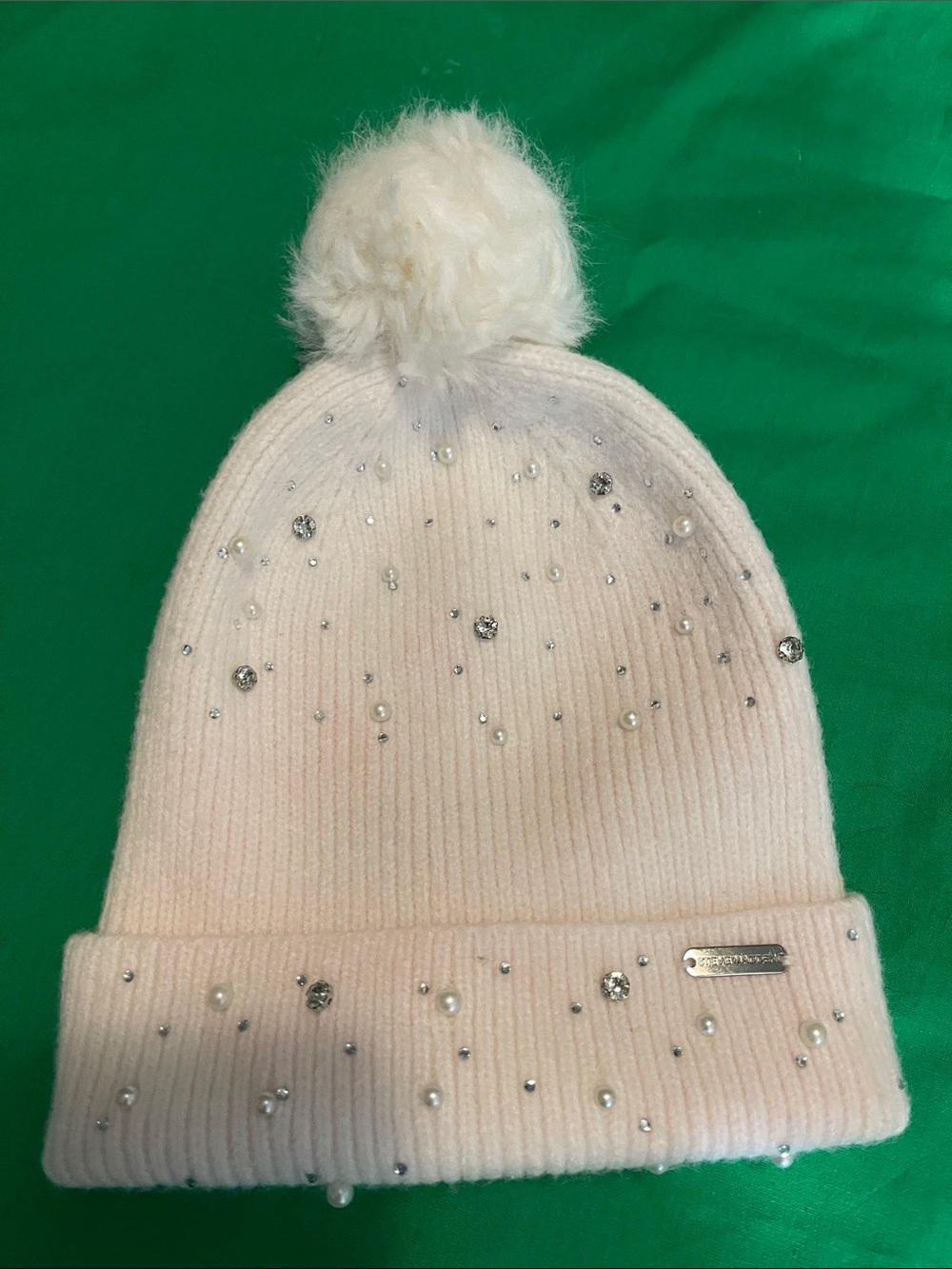 Steve Madden Light Pink Embellished Knit Beanie with Faux Fur Pom